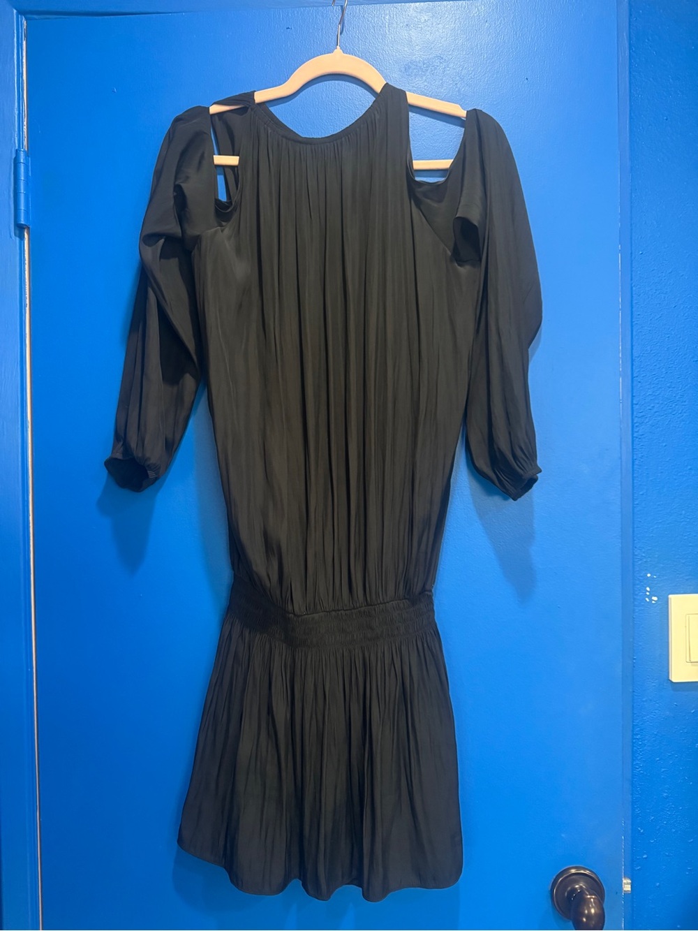 Ramy Brook Black Cold-Shoulder Pleated Mini Dress